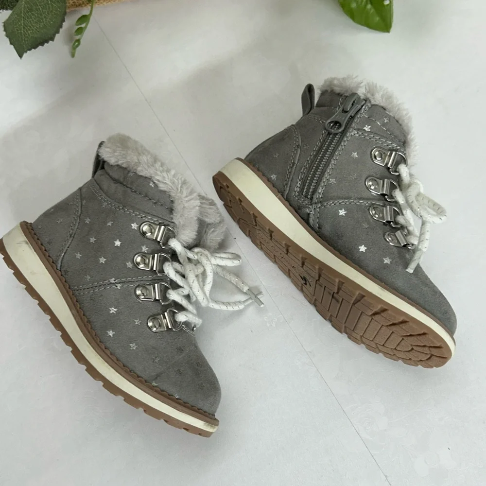 Cat & Jack Grey Faux-Fur Star Accent Lace-Up Boots